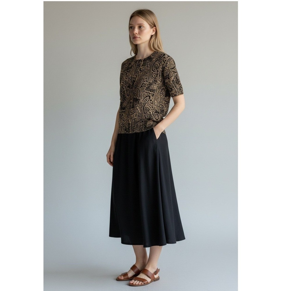 Chaps Tan Black Paisley Short Sleeve 100% Cotton Knit Sweater Women's Size L
